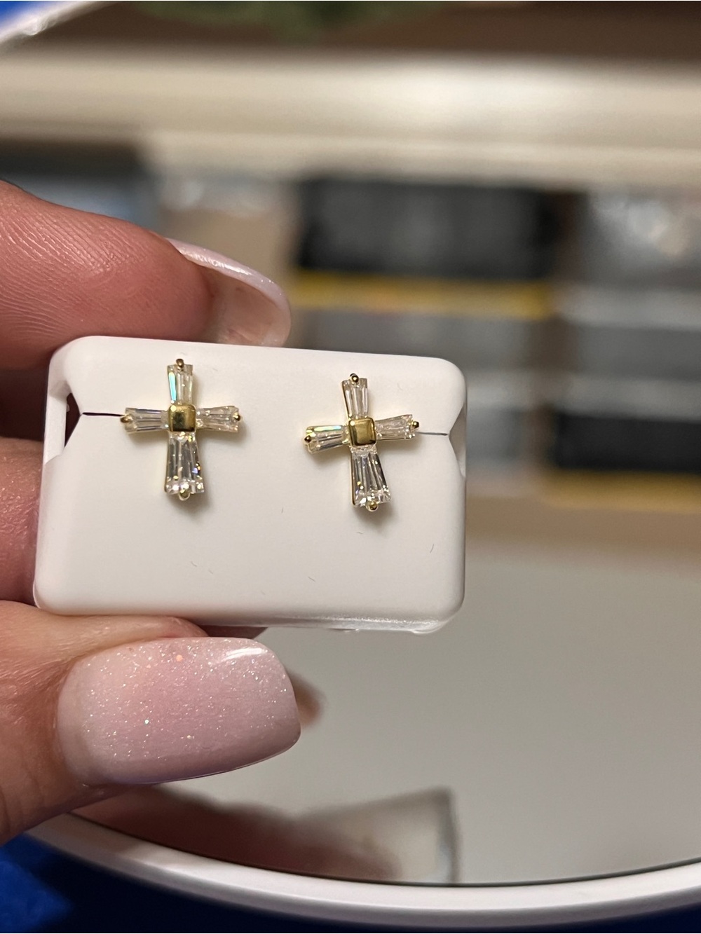 Moissanite Cross Baguette Stud Earrings Gold over 925